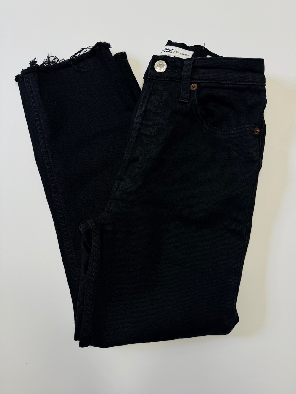 RE/DONE Originals High Rise Stove Pipe Jeans 26 Jet Black Raw Hem Button Fly